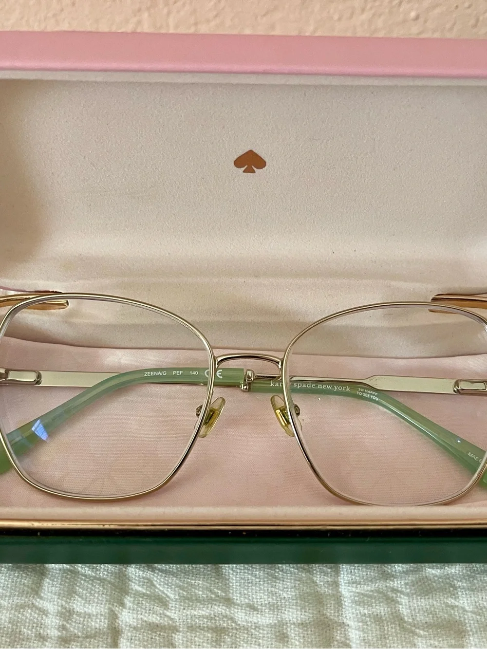 kate spade Gold Frame Eyeglasses with Mint Temples and Pink Case